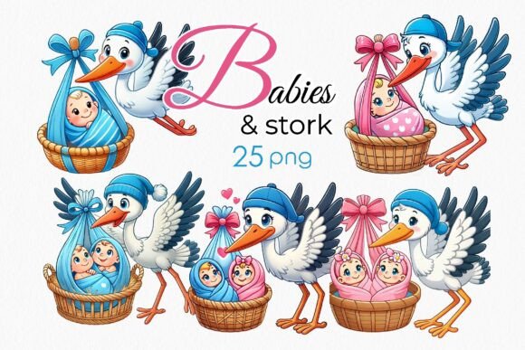 Download Babyshower Boy&amp;girl Twins with Stork Png - Babyshower Collection